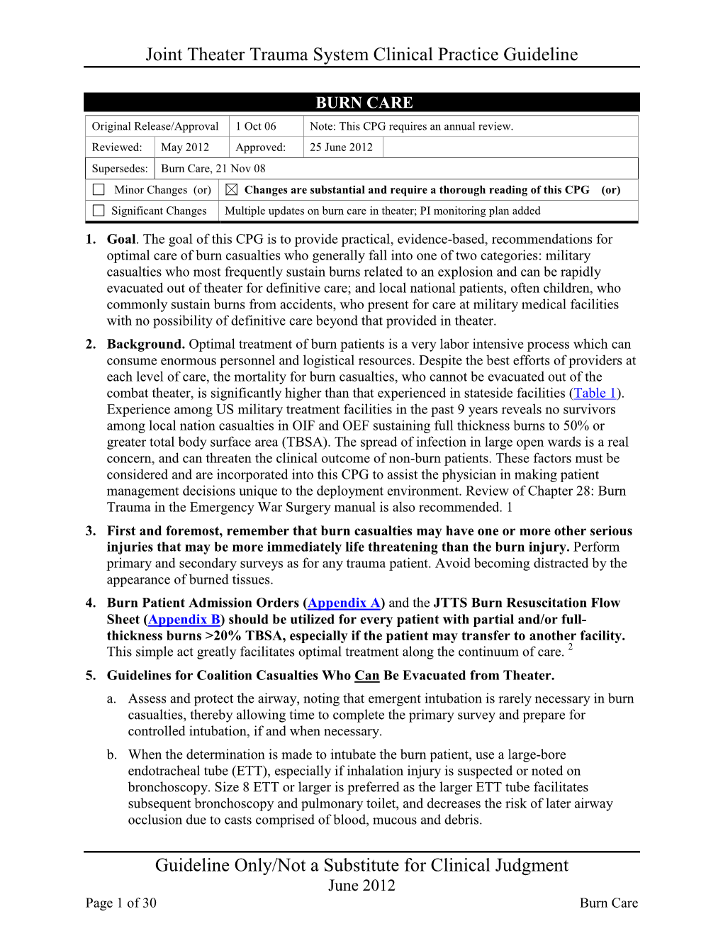 BURN CARE Original Release/Approval 1 Oct 06 Note: This CPG Requires an Annual Review