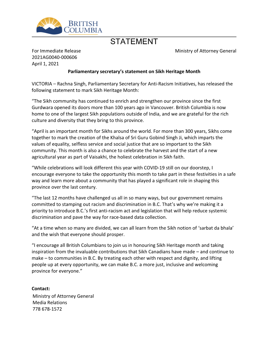 STATEMENT for Immediate Release Ministry of Attorney General 2021AG0040-000606 April 1, 2021 Parliamentary Secretary͛s Statement on Sikh Heritage Month