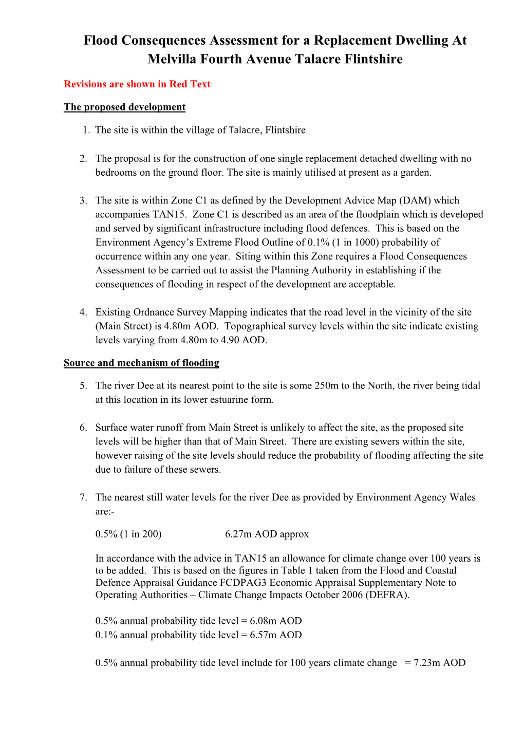 Flood Consequences Assessment for a Replacement Dwelling at Melvilla Fourth Avenue Talacre Flintshire
