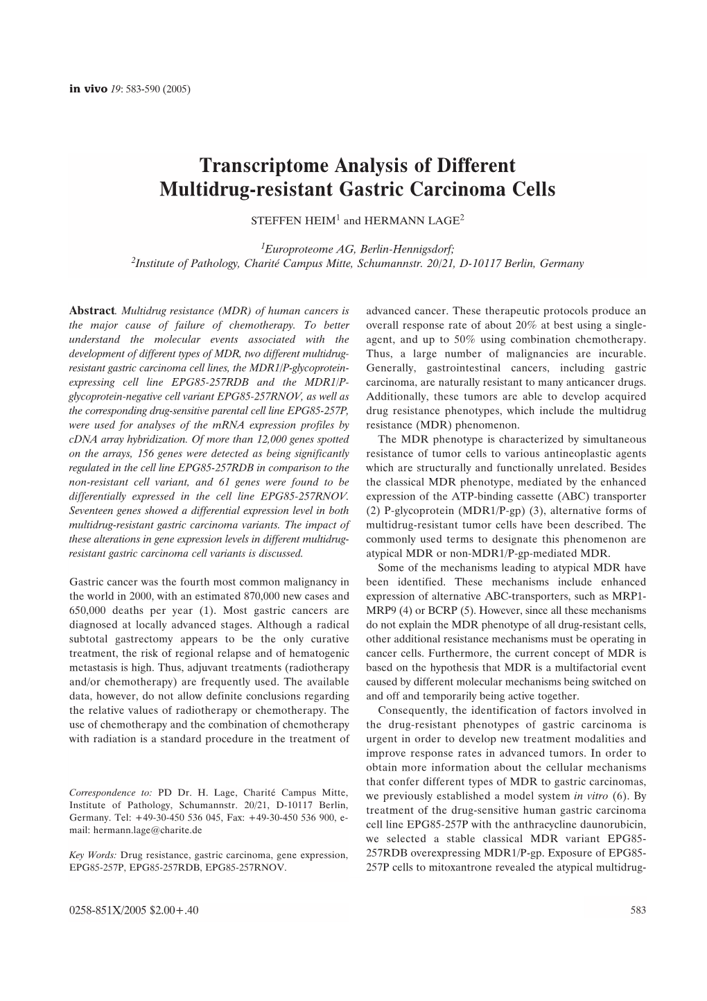 Transcriptome Analysis of Different Multidrug-Resistant Gastric Carcinoma Cells