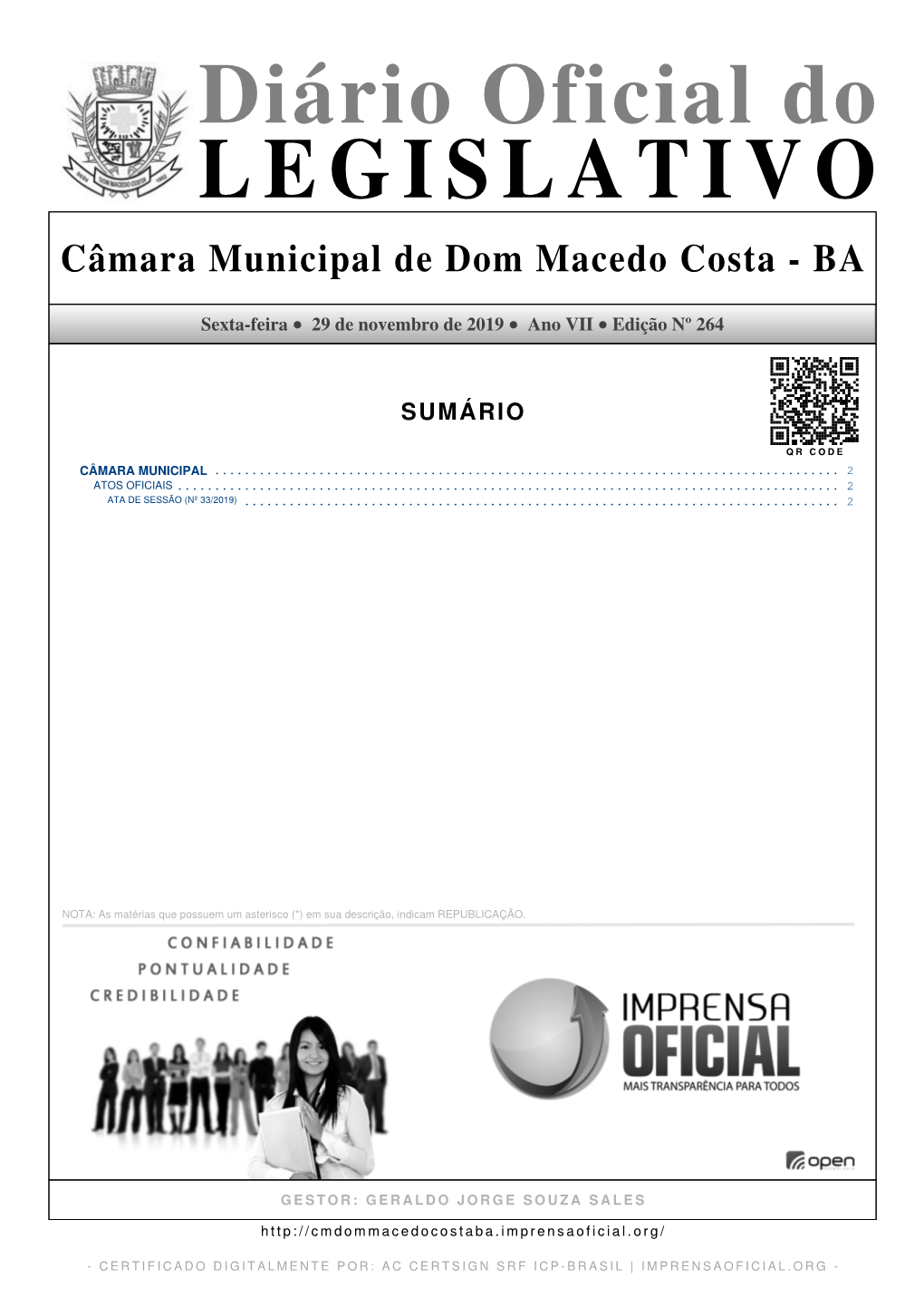 Diário Oficial Do LEGISLATIVO Câmara Municipal De Dom Macedo Costa - BA