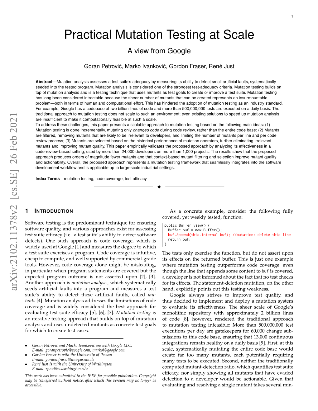 Practical Mutation Testing at Scale a View from Google