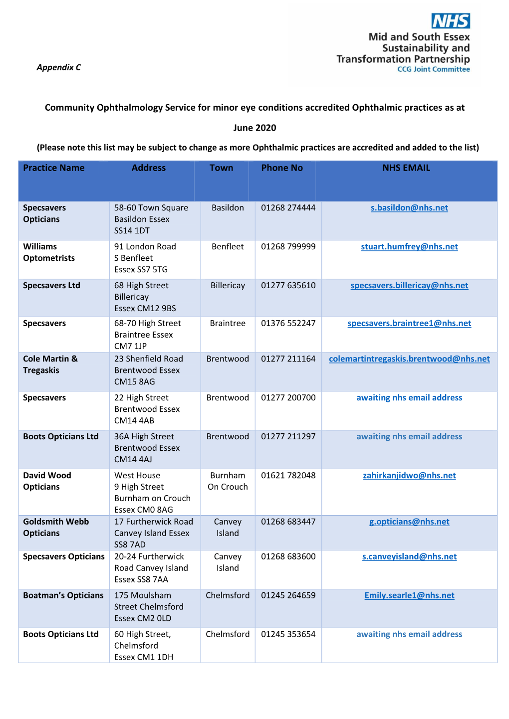 Community Ophthalmology Service for Minor Eye Conditions Accredited Ophthalmic Practices As at June 2020 Practice Name Address T