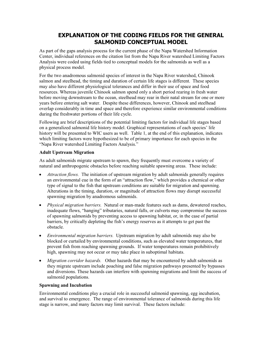 Explanation of the Coding Fields for the General Salmonid Conceptual Model