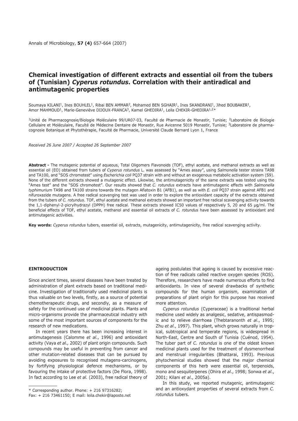 Chemical Investigation of Different Extracts and Essential Oil from the Tubers of (Tunisian) Cyperus Rotundus