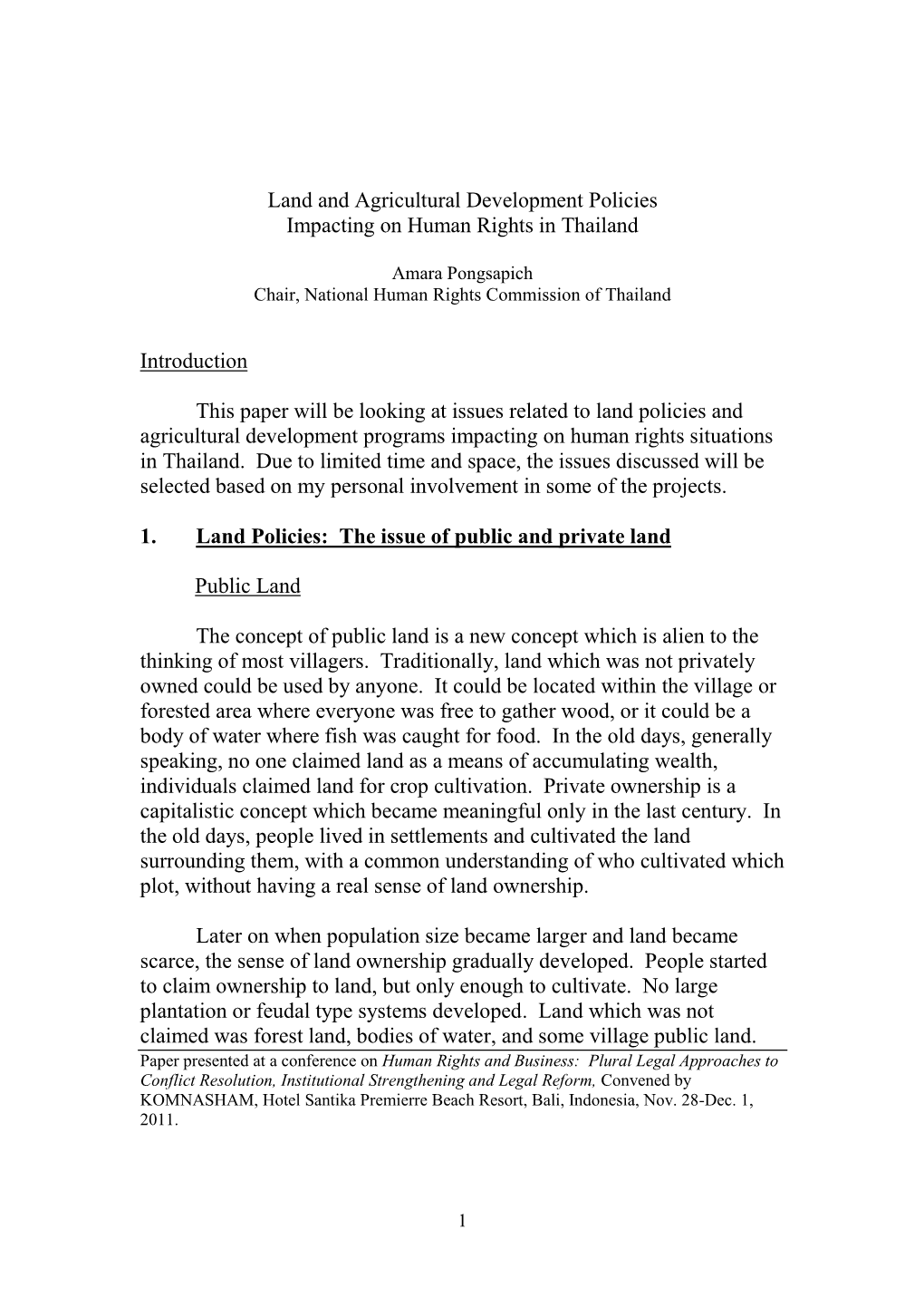 Land Policy, Agricultural Development and Human Rights in Thailand