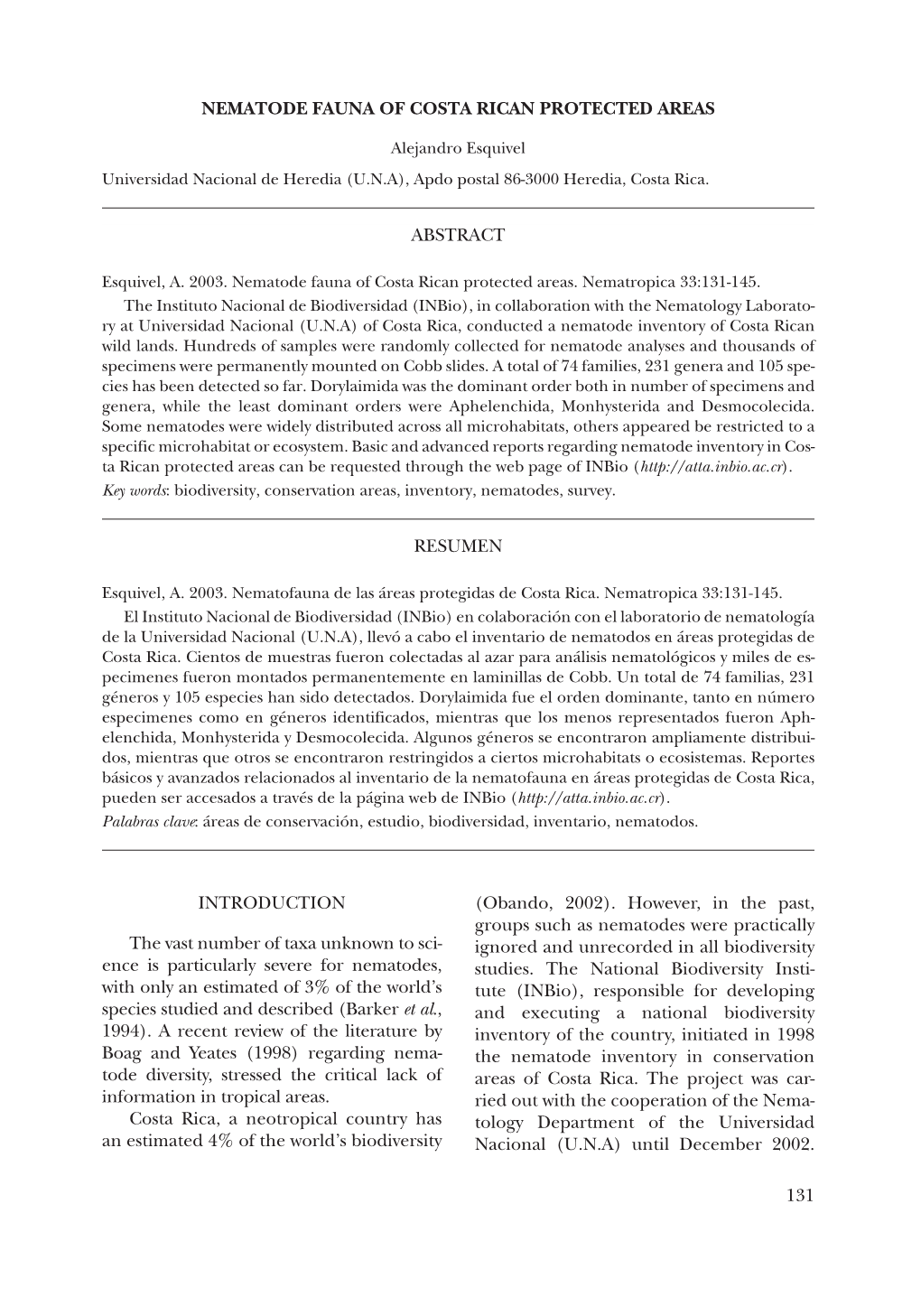 131 Nematode Fauna of Costa Rican Protected Areas