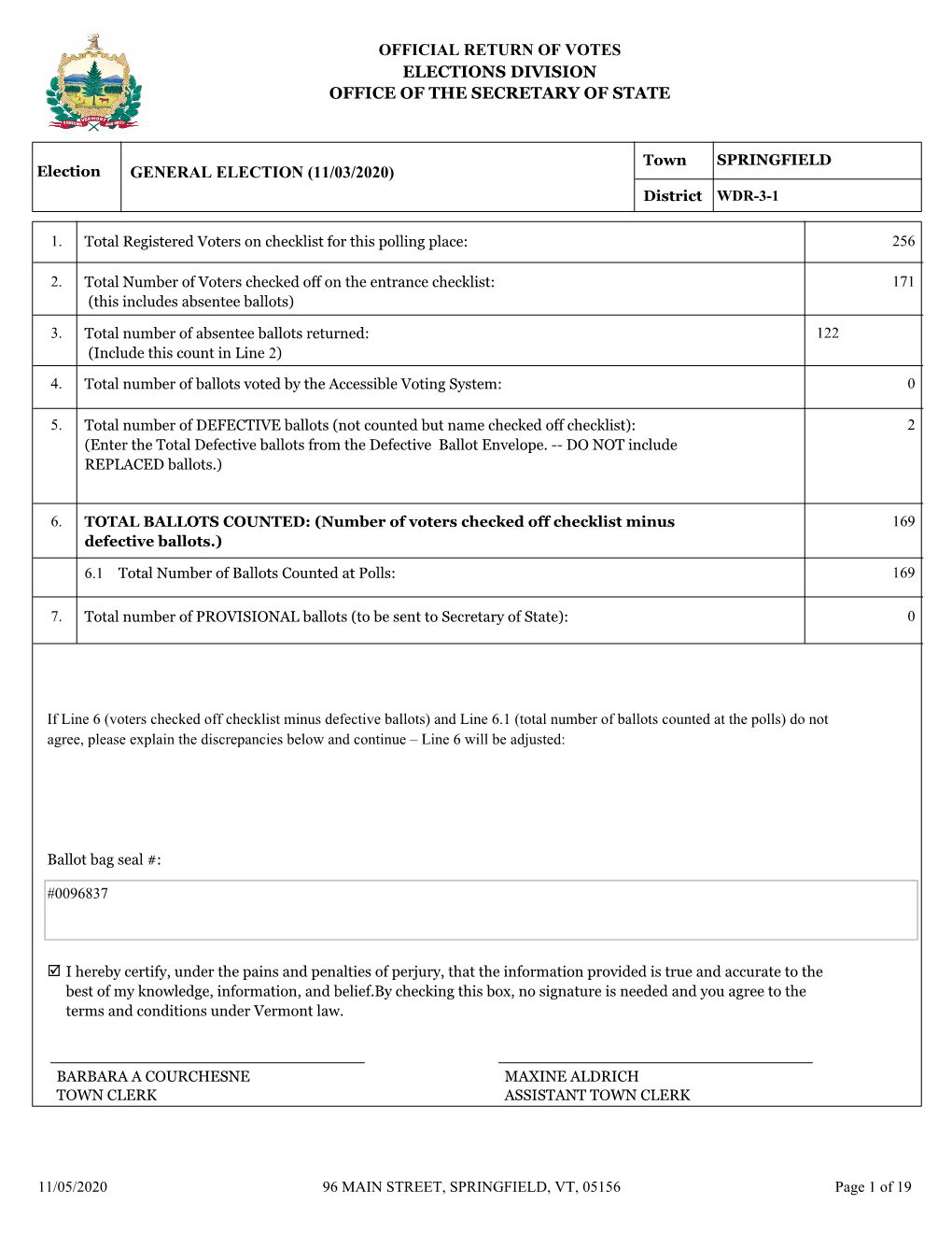 Official Return of Votes Elections Division Office of the Secretary of State General Election