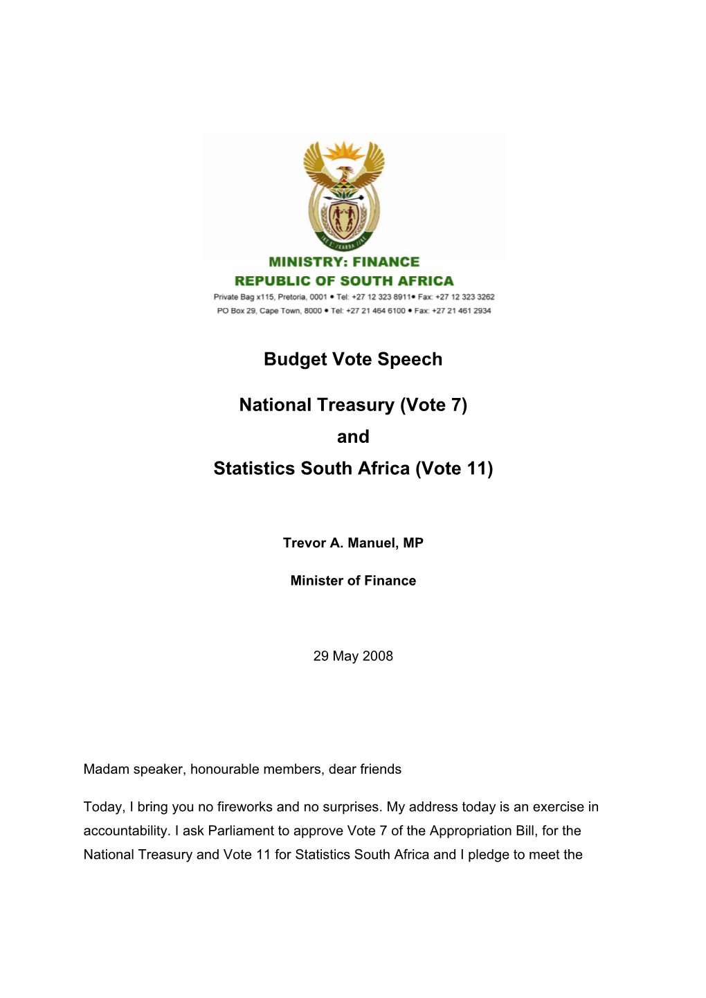 Budget Vote Speech National Treasury (Vote 7) and Statistics