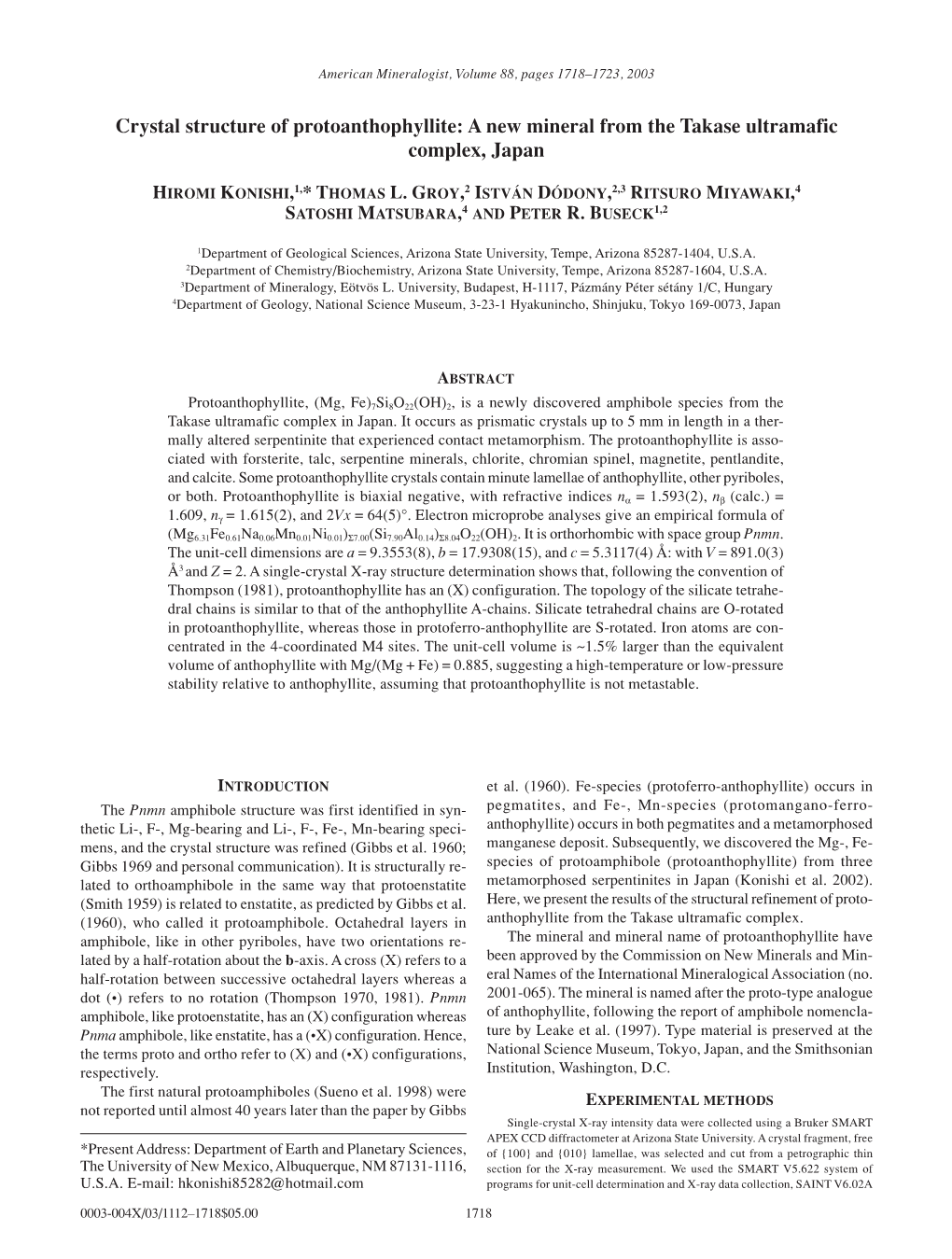 Crystal Structure of Protoanthophyllite: a New Mineral from the Takase Ultramafic Complex, Japan