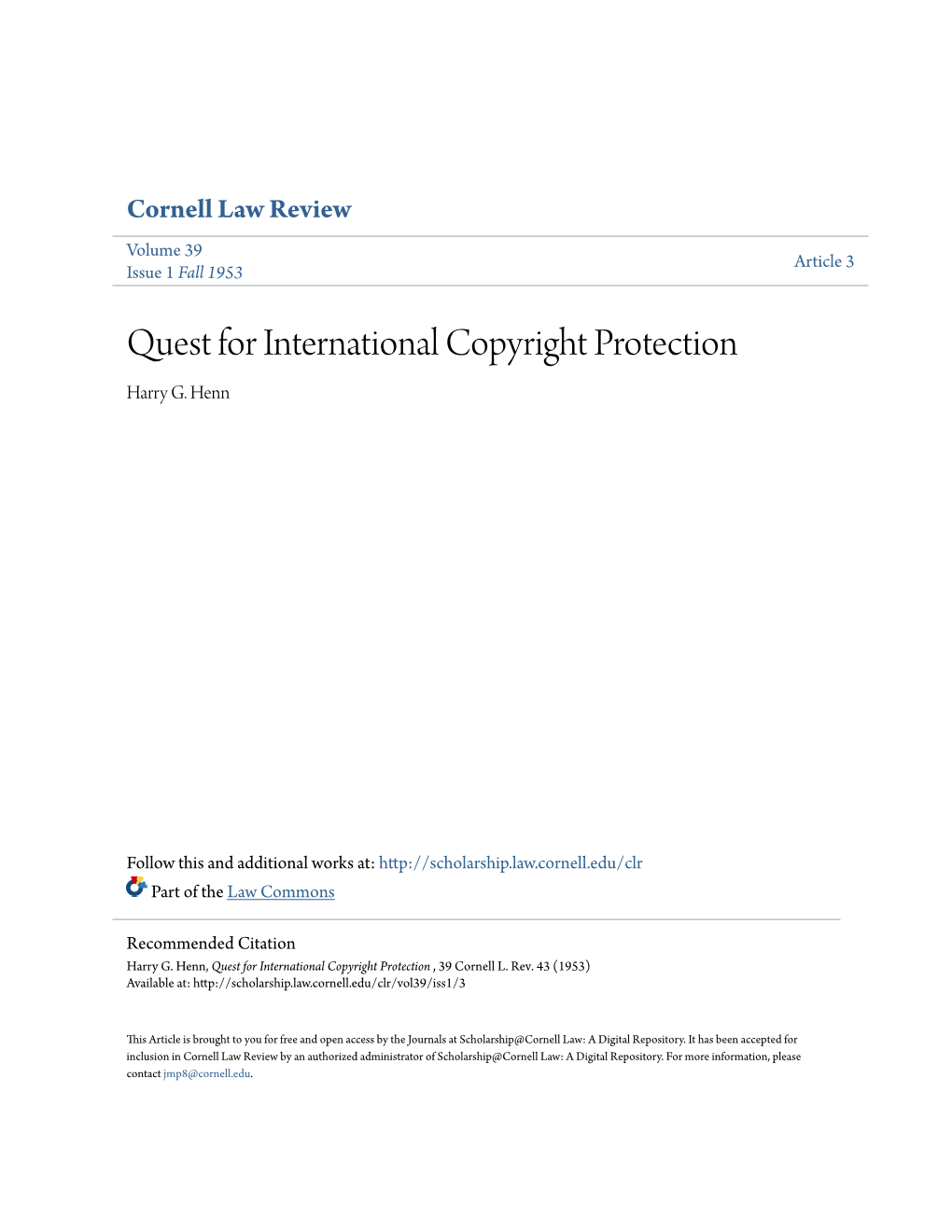 Quest for International Copyright Protection Harry G