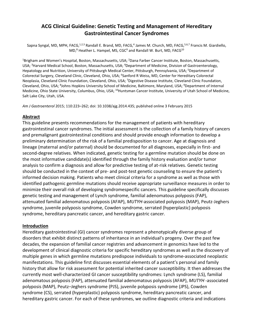 ACG Clinical Guideline: Genetic Testing and Management of Hereditary Gastrointestinal Cancer Syndromes