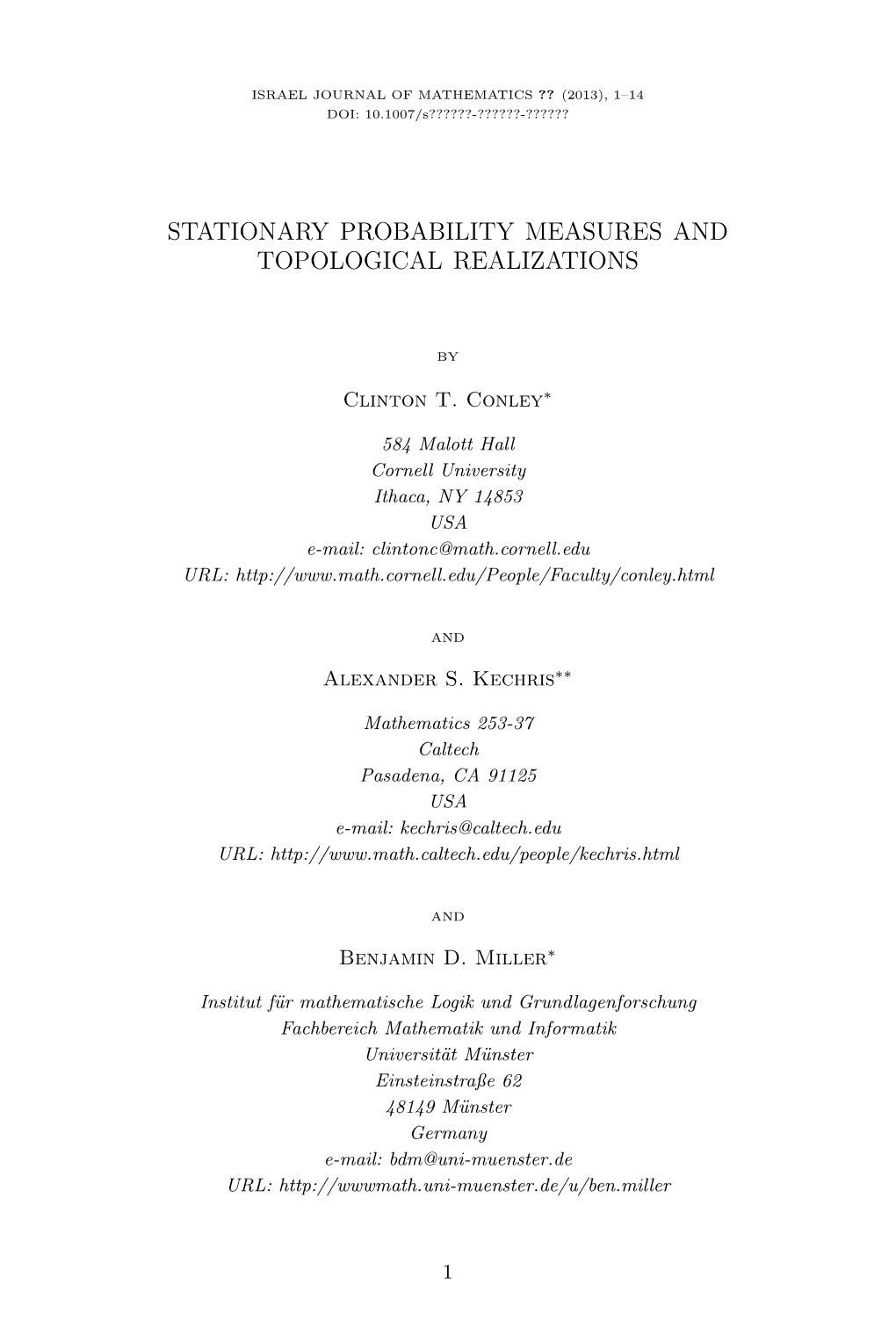 Stationary Probability Measures and Topological Realizations