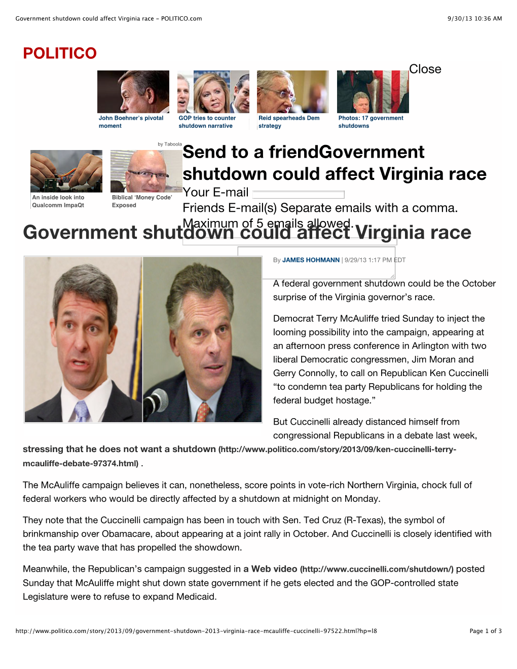 Government Shutdown Could Affect Virginia Race - POLITICO.Com 9/30/13 10:36 AM