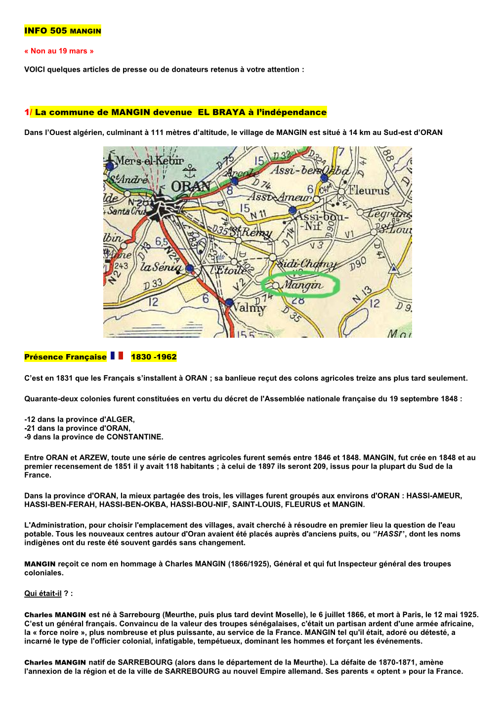 INFO 505 MANGIN 1/ La Commune De MANGIN Devenue EL BRAYA À L