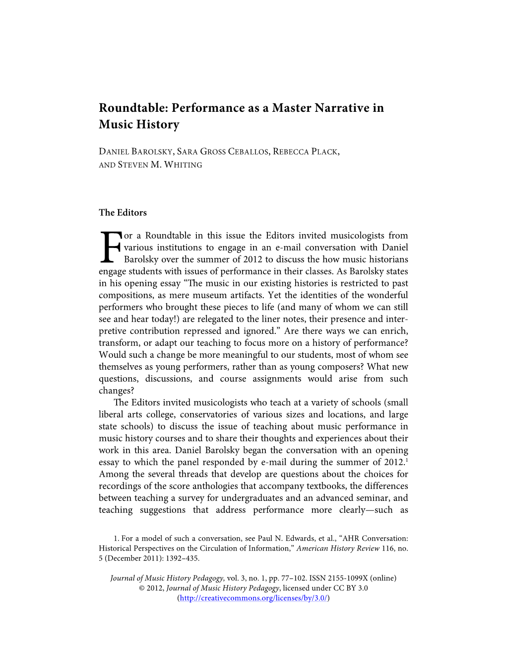 Performance As a Master Narrative in Music History