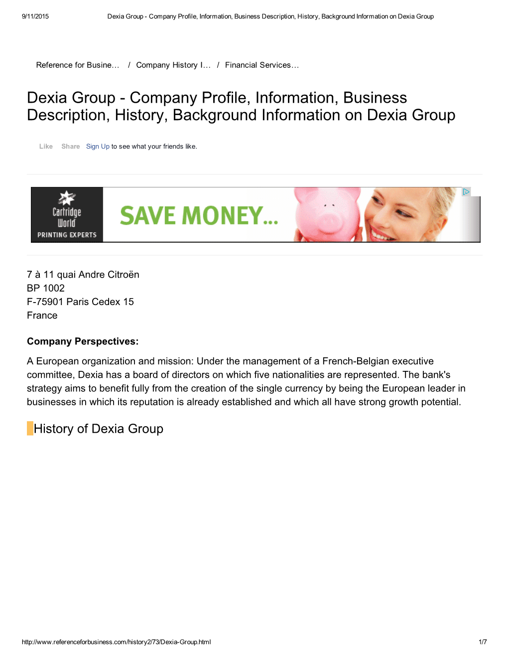 Dexia Group Company Profile, Information, Business Description, History, Background Information on Dexia Group