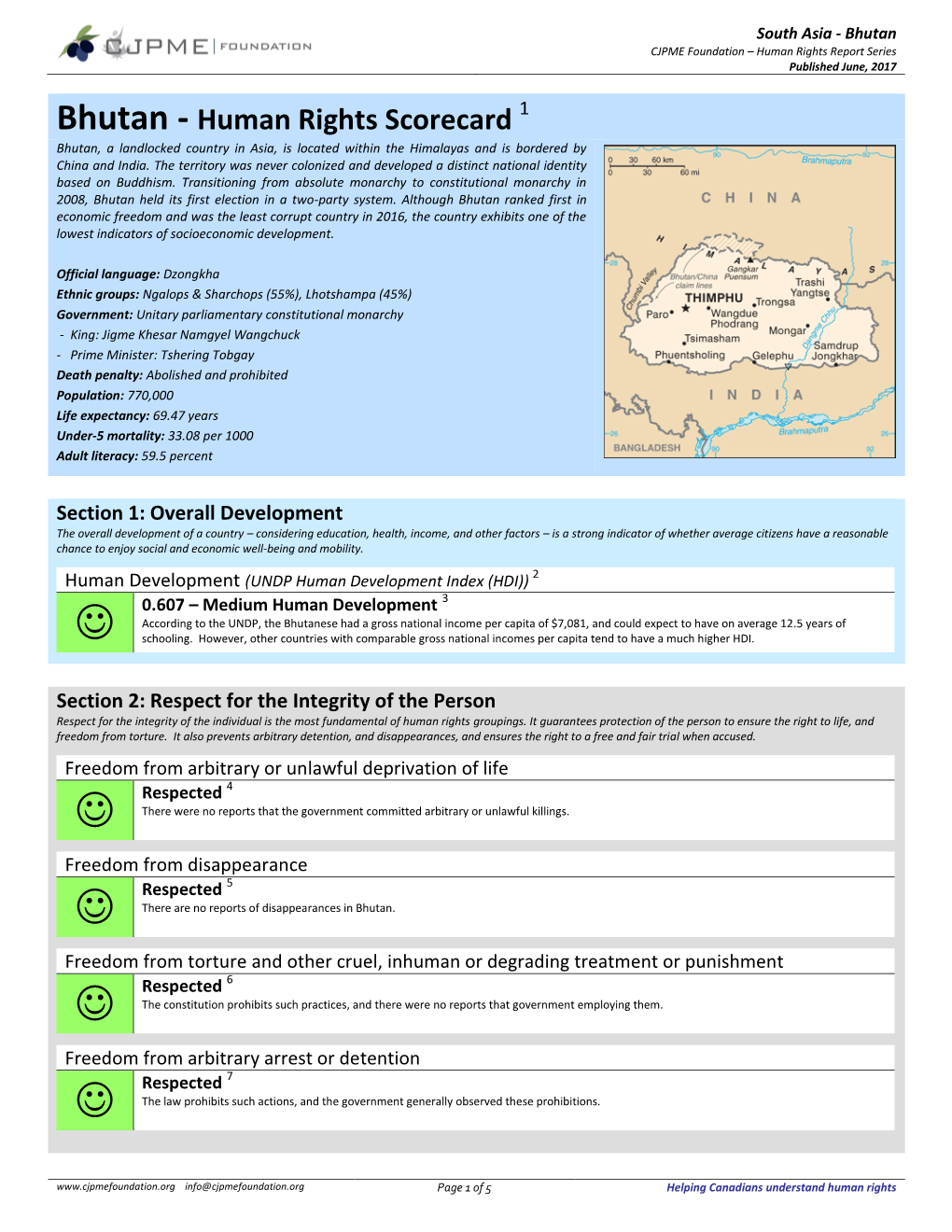 Bhutan CJPME Foundation – Human Rights Report Series Published June, 2017