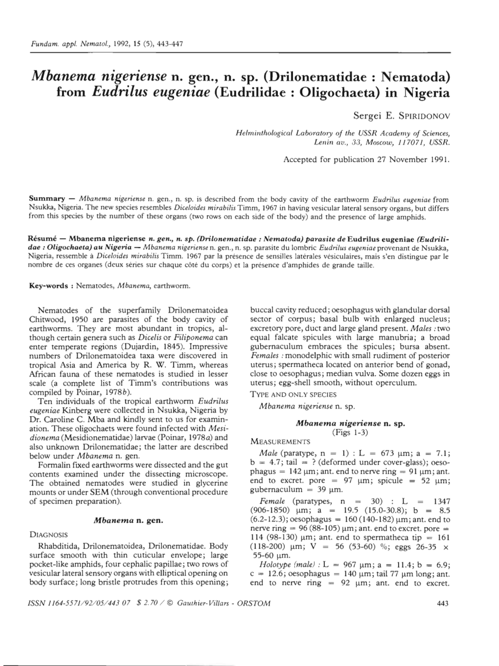 Mbanema Nigeriense N.Gen., N.Sp. (Drilonematidae : Nematoda) From