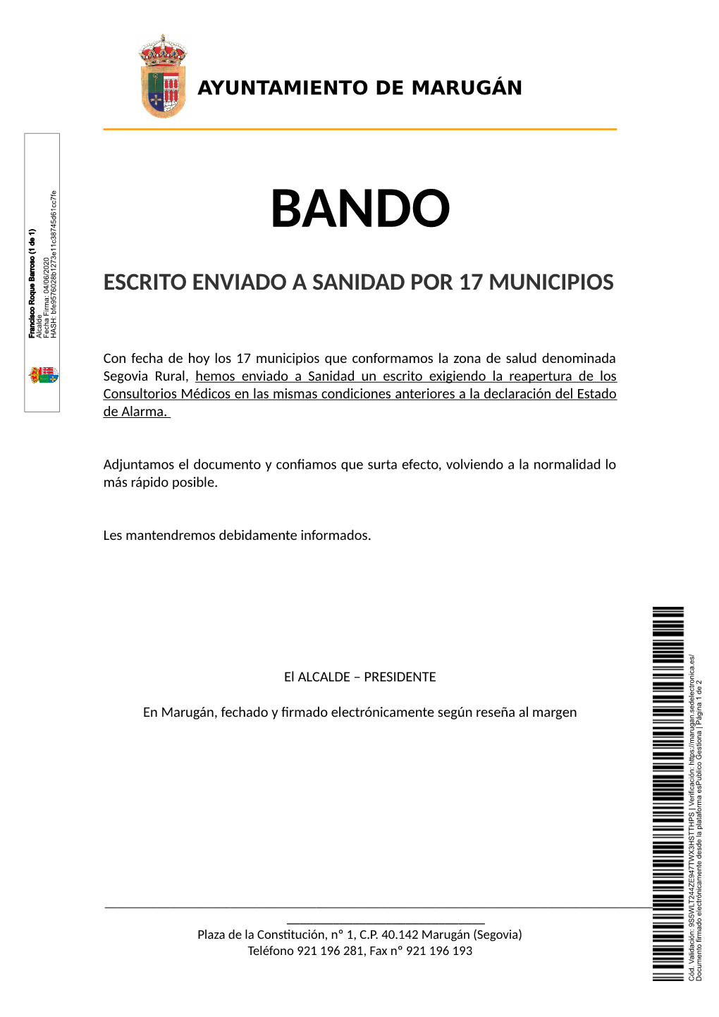 Escrito Enviado a Sanidad Por 17 Municipios