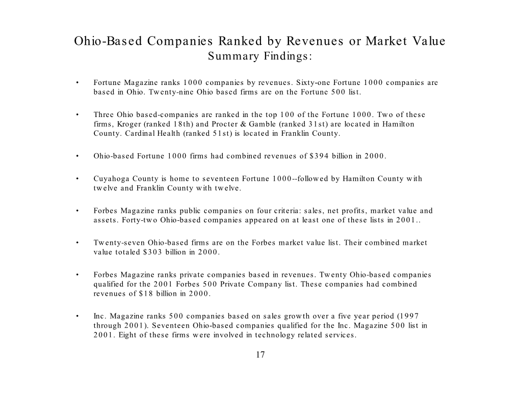 Ohio-Based Companies Ranked by Revenues Or Market Value Summary Findings
