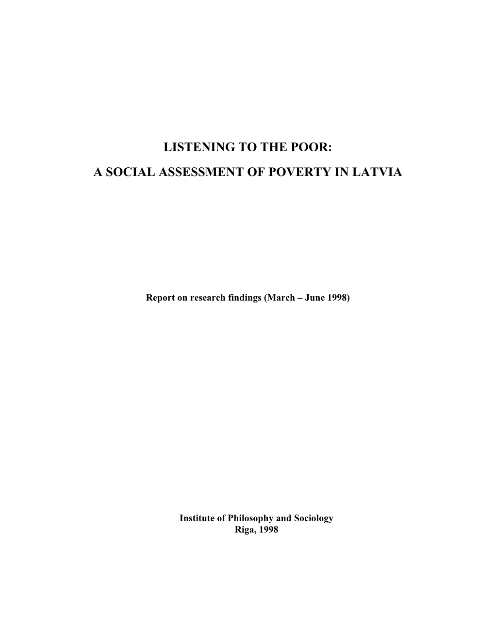 A Social Assessment of Poverty in Latvia