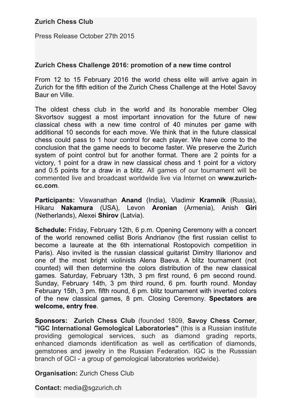 Zurich Chess Club Press Release October 27Th 2015 Zurich Chess