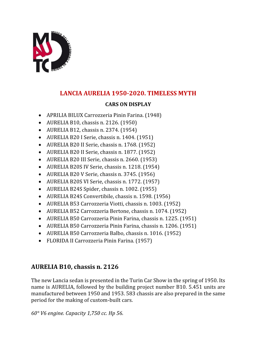 Lancia Aurelia 1950-2020. Timeless Myth Aurelia B10