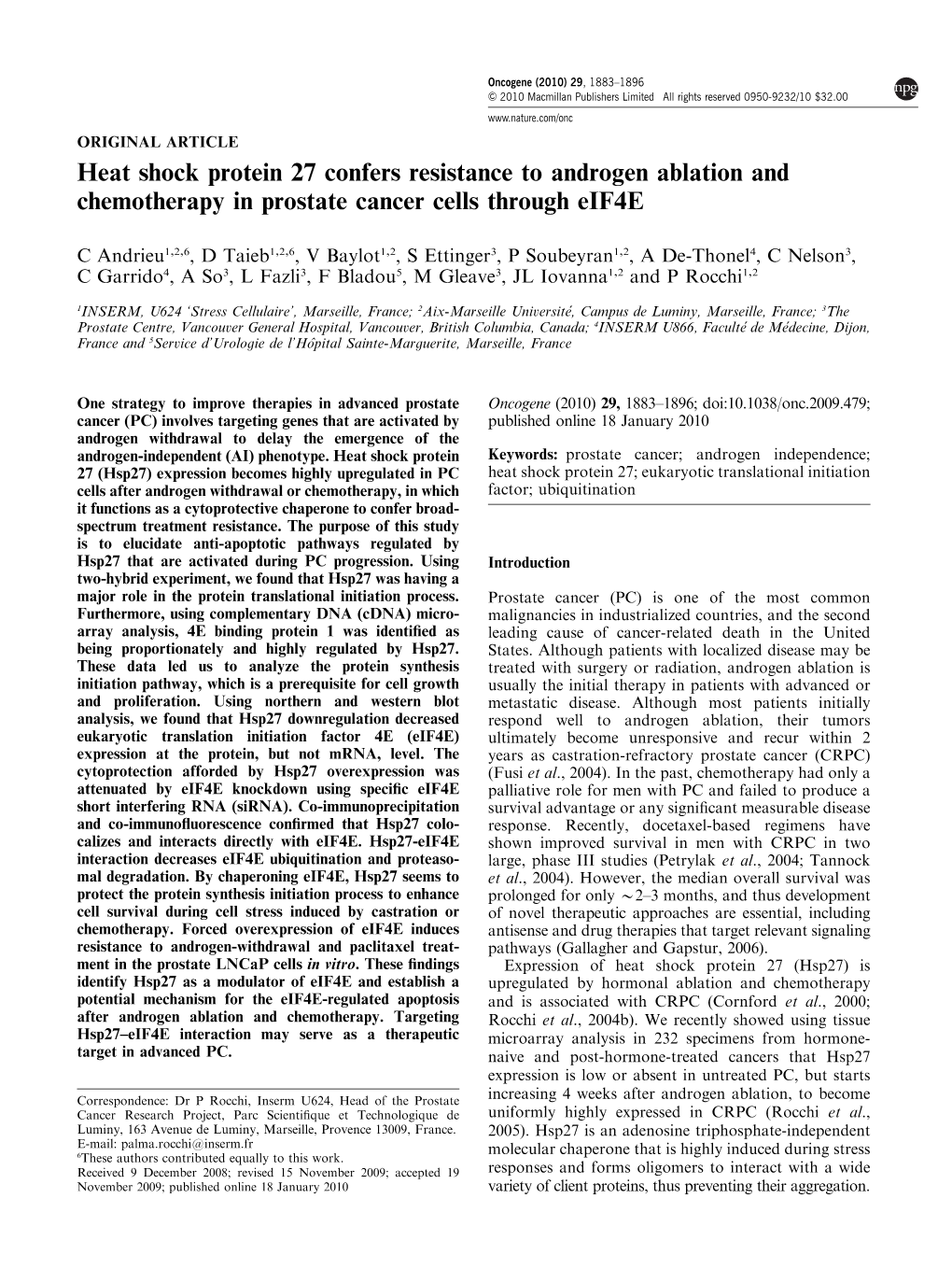 Heat Shock Protein 27 Confers Resistance to Androgen Ablation and Chemotherapy in Prostate Cancer Cells Through Eif4e