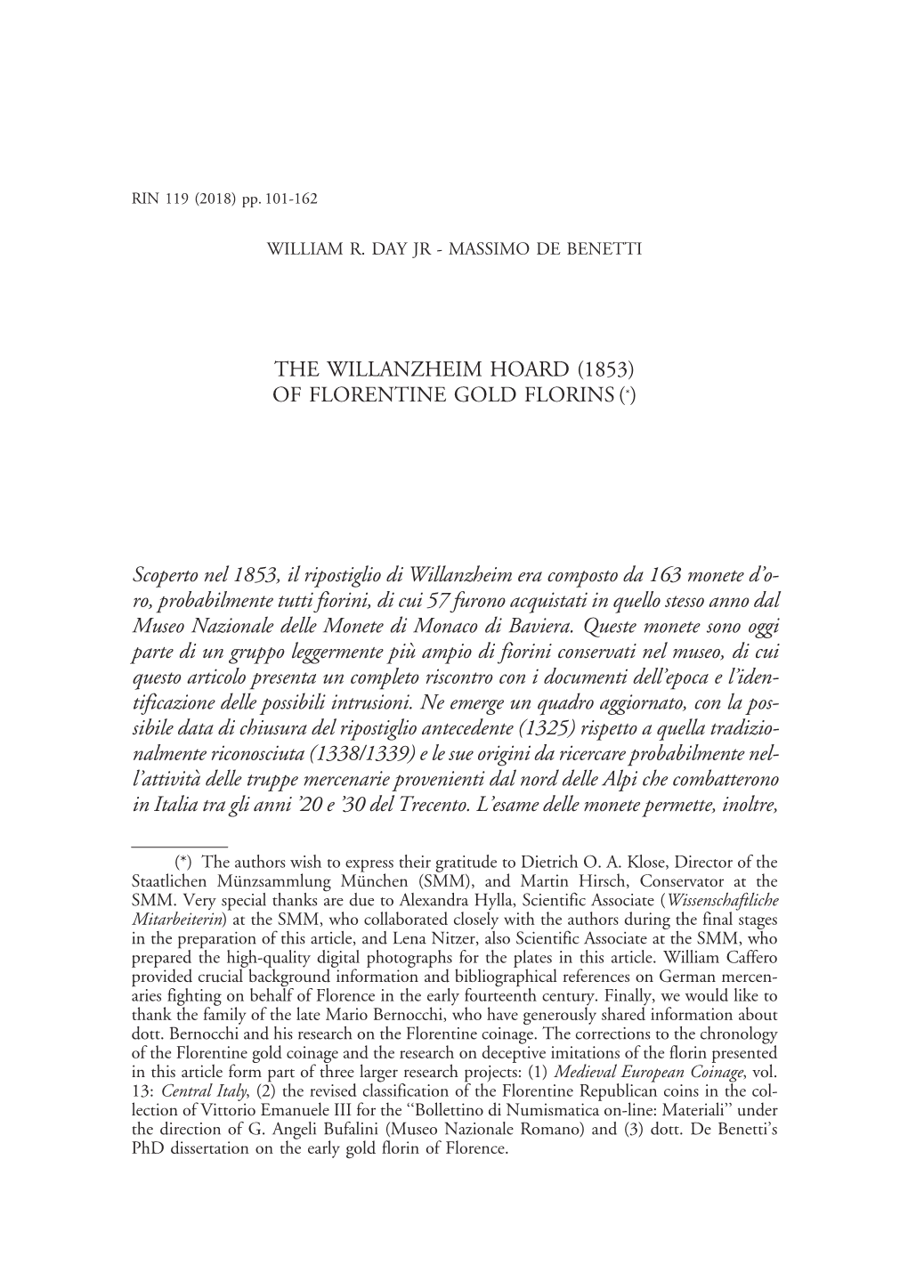 The Willanzheim Hoard (1853) of Florentine Gold Florins (*)