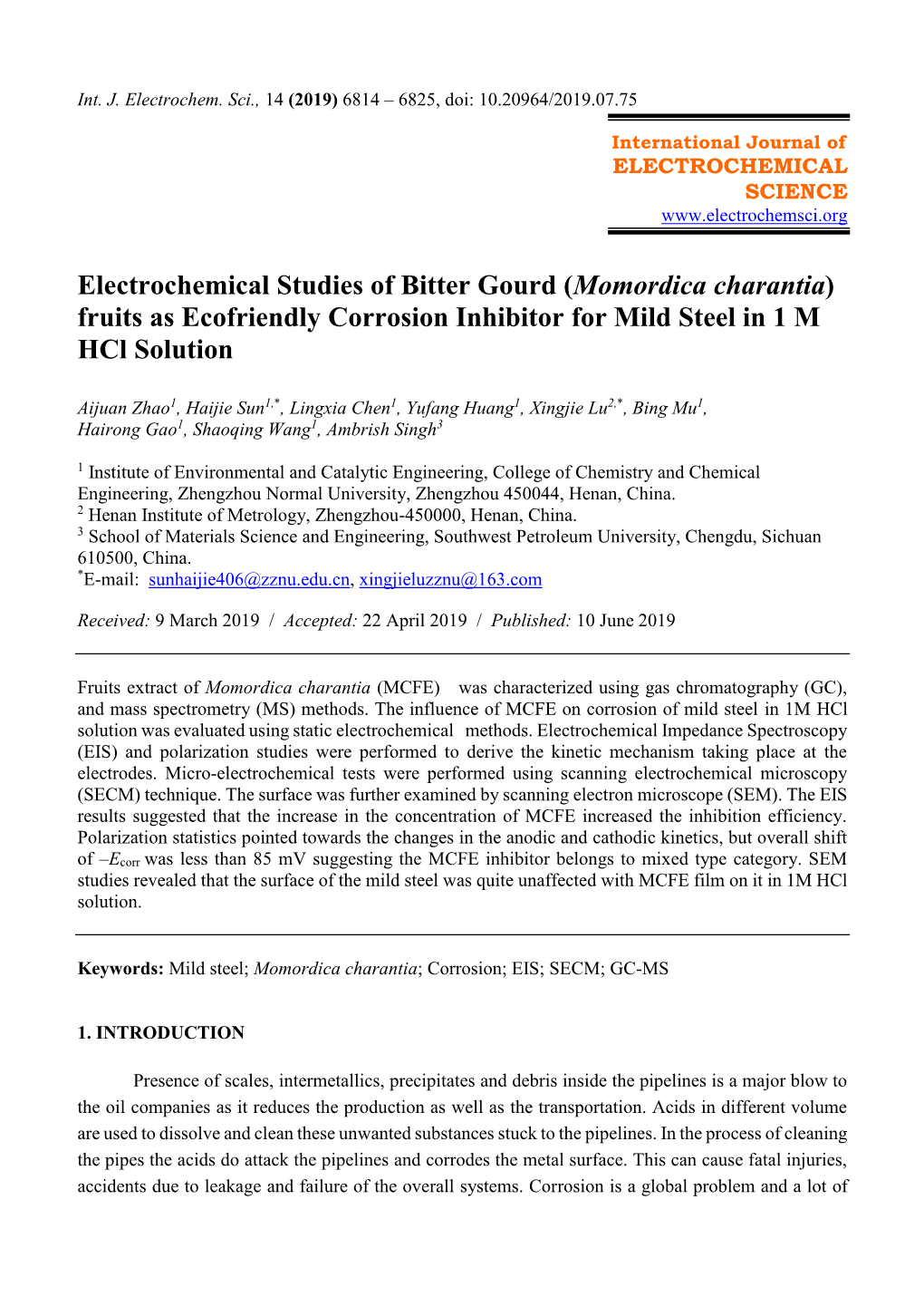 Momordica Charantia) Fruits As Ecofriendly Corrosion Inhibitor for Mild Steel in 1 M Hcl Solution