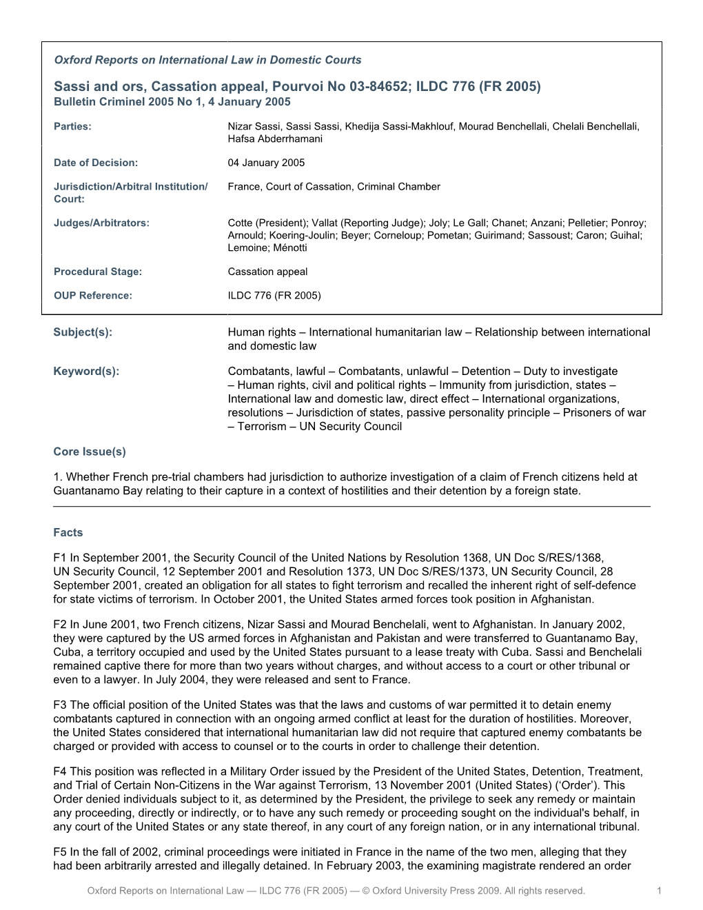 Sassi and Ors, Cassation Appeal, Pourvoi No 03-84652; ILDC 776 (FR 2005) Bulletin Criminel 2005 No 1, 4 January 2005