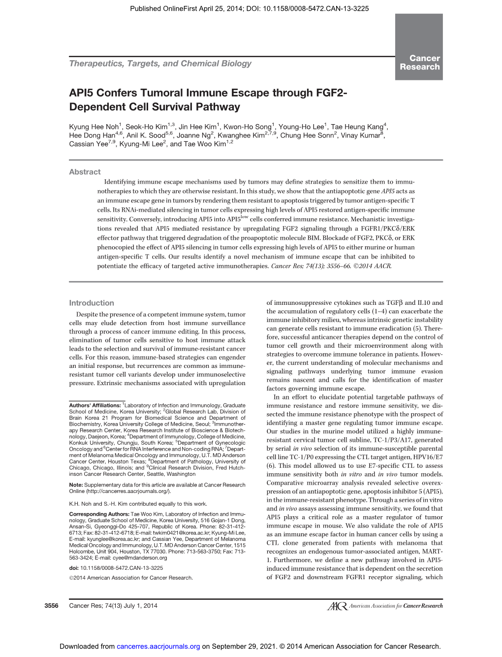 API5 Confers Tumoral Immune Escape Through FGF2- Dependent Cell Survival Pathway