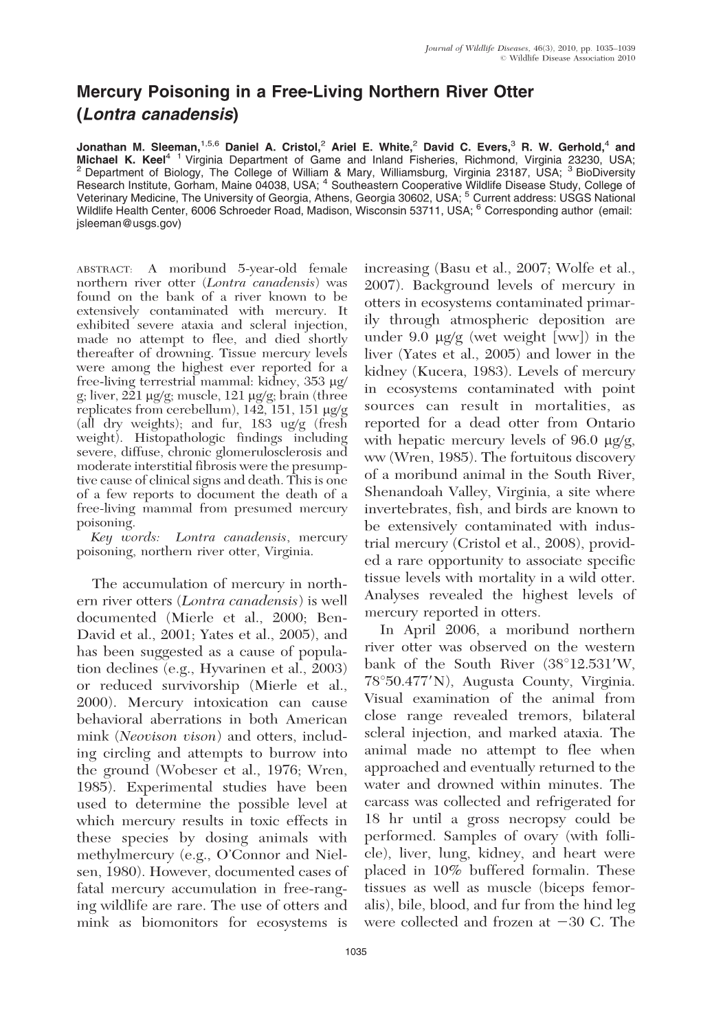 Mercury Poisoning in a Free-Living Northern River Otter (Lontra Canadensis)