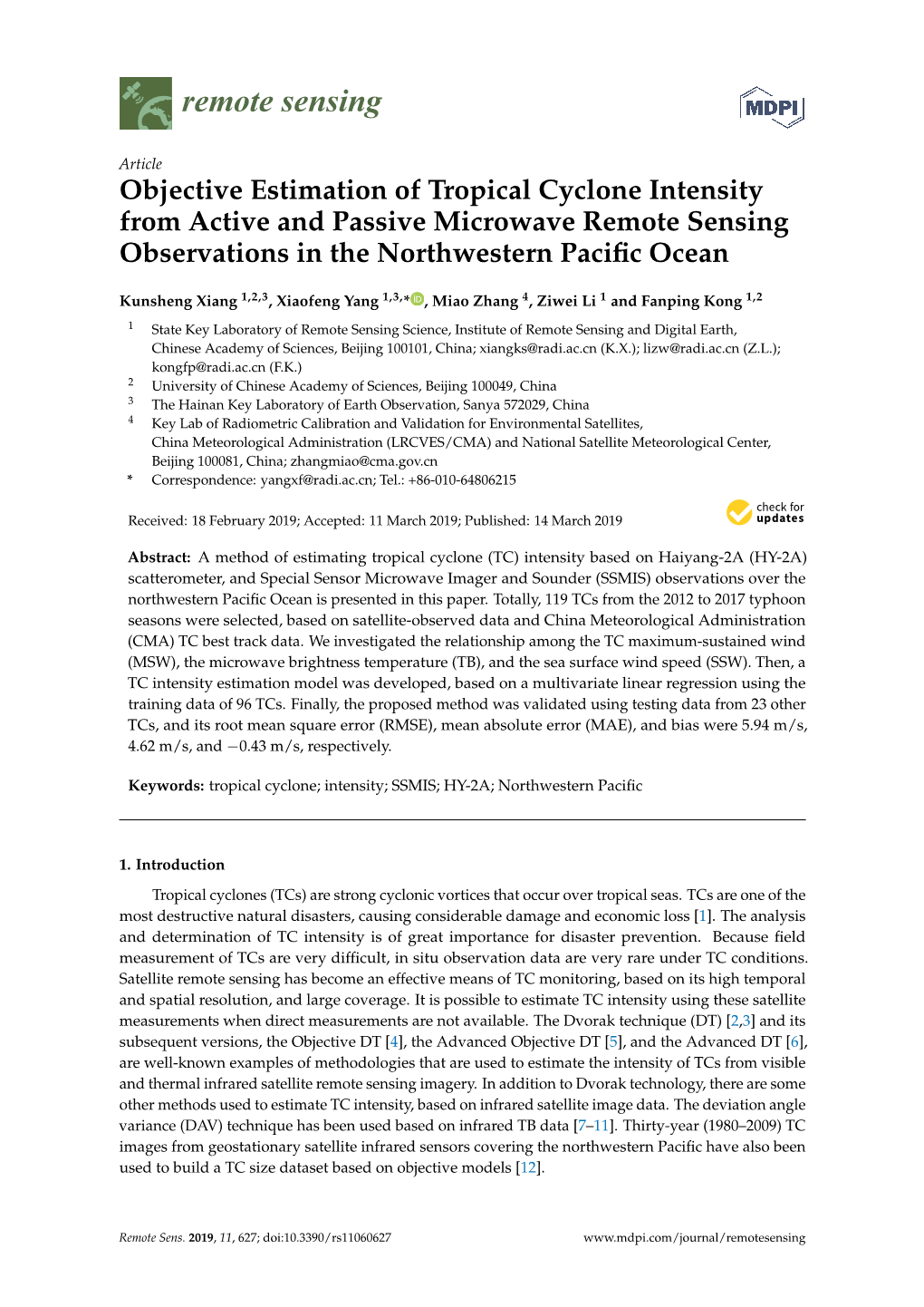 Objective Estimation of Tropical Cyclone Intensity from Active and Passive Microwave Remote Sensing Observations in the Northwestern Paciﬁc Ocean