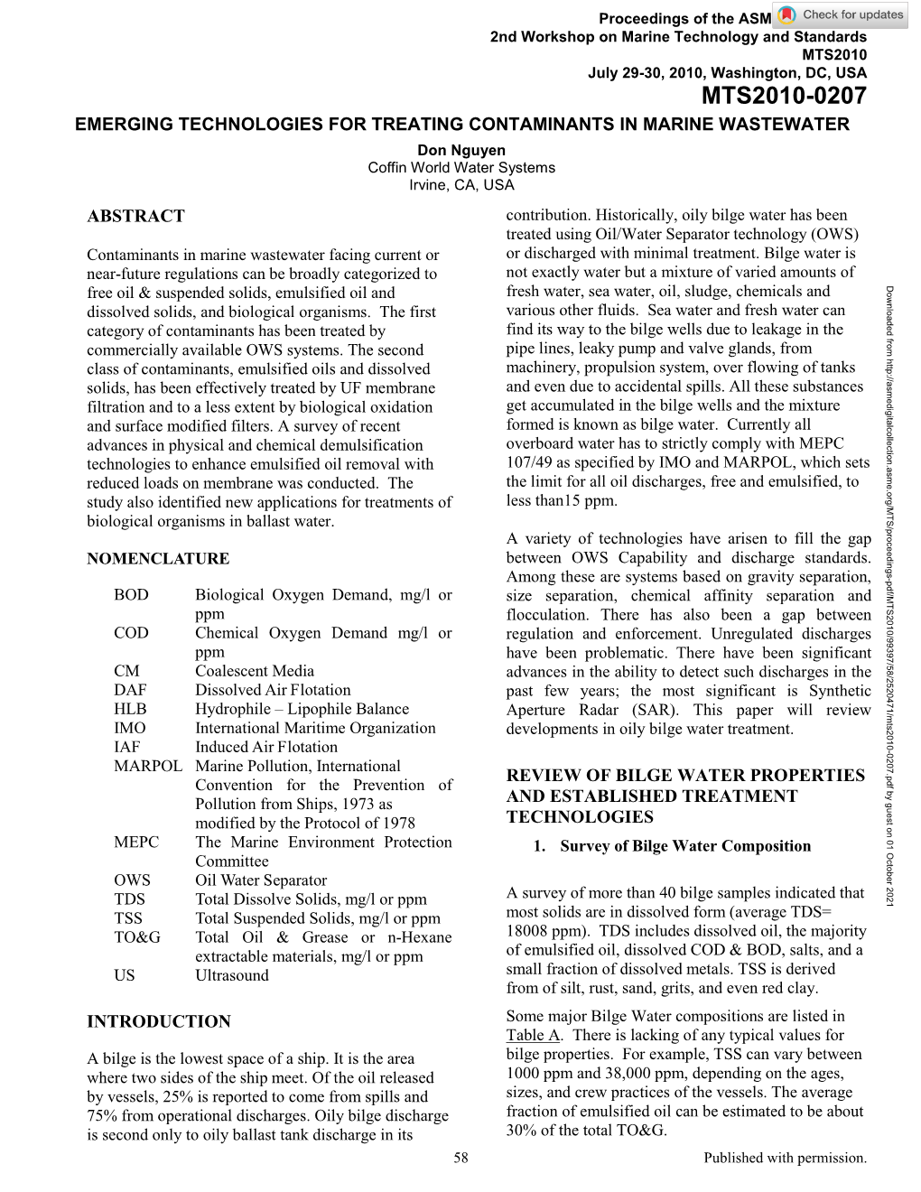 MTS2010-0207 EMERGING TECHNOLOGIES for TREATING CONTAMINANTS in MARINE WASTEWATER Don Nguyen Coffin World Water Systems Irvine, CA, USA ABSTRACT Contribution