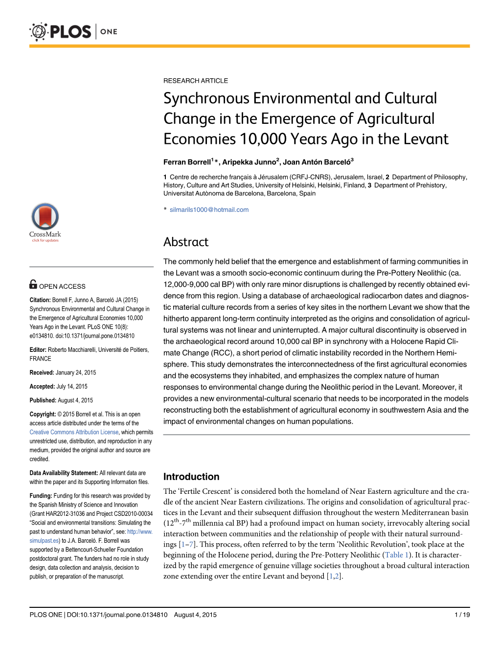 Synchronous Environmental and Cultural Change in the Emergence of Agricultural Economies 10,000 Years Ago in the Levant