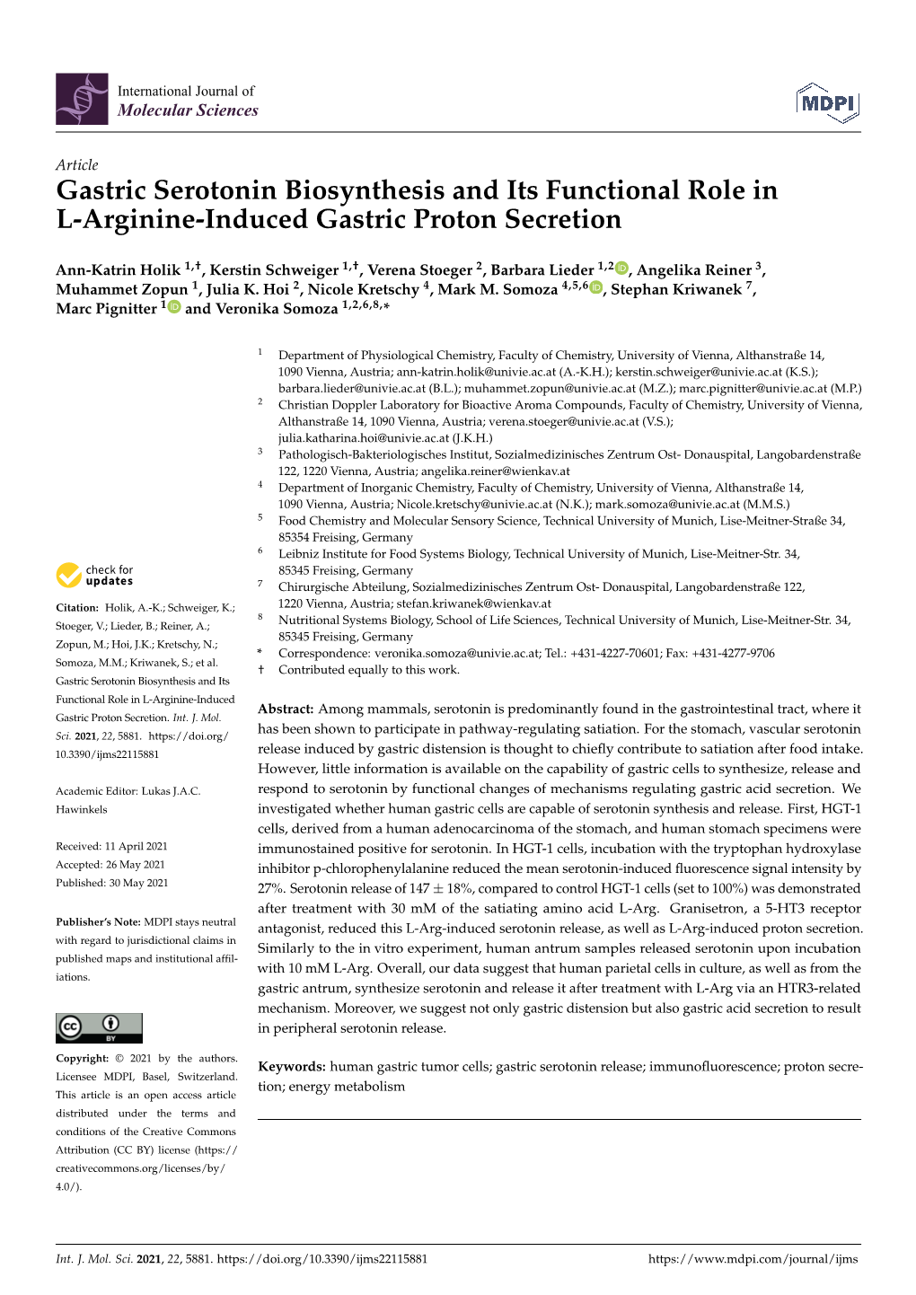 Gastric Serotonin Biosynthesis and Its Functional Role in L-Arginine-Induced Gastric Proton Secretion