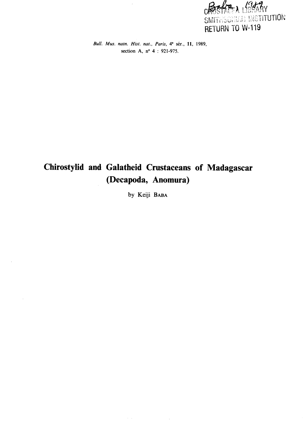 Chirostylid and Galatheid Crustaceans of Madagascar (Decapoda, Anomura) by Keiji BABA