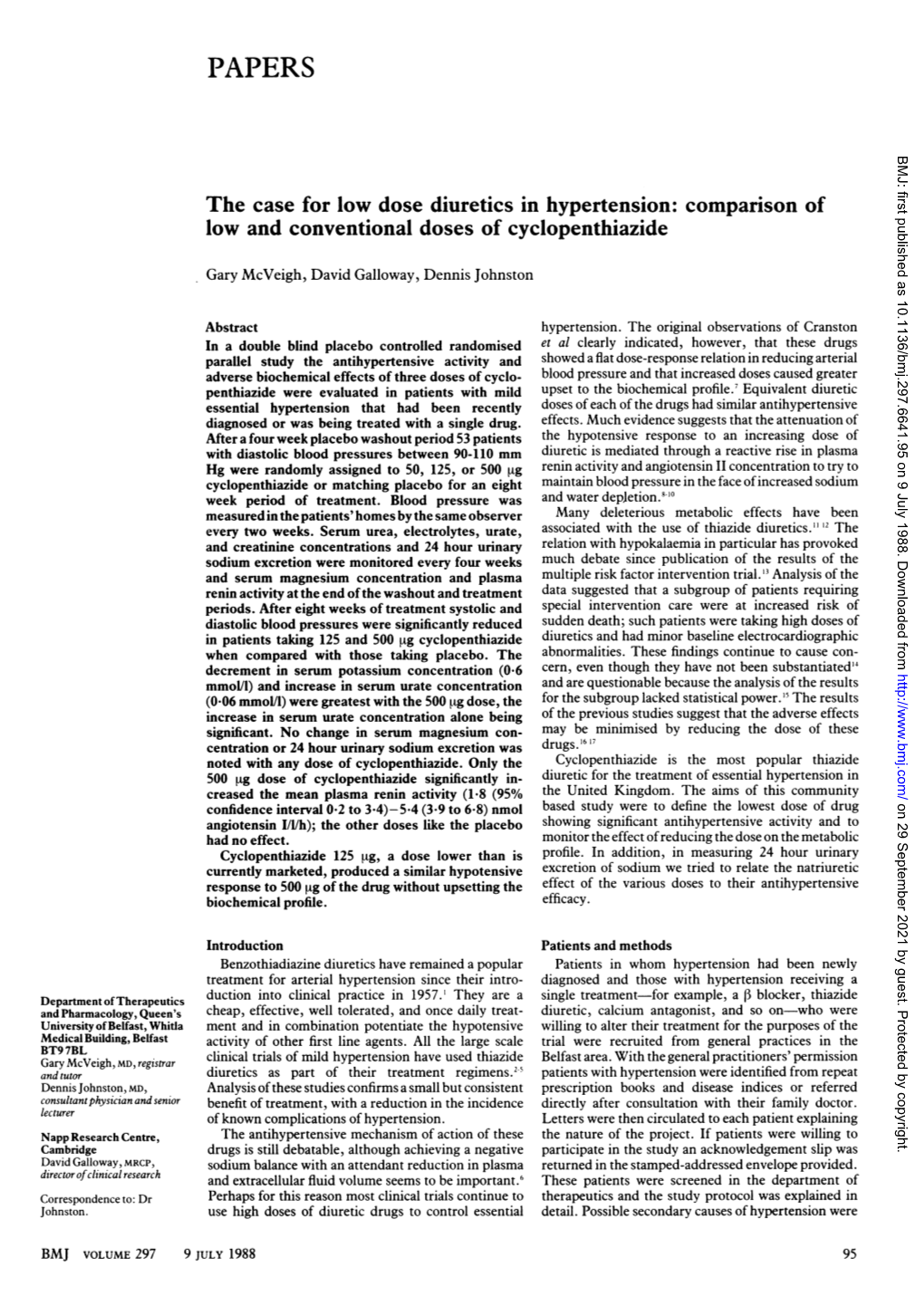 PAPERS BMJ: First Published As 10.1136/Bmj.297.6641.95 on 9 July 1988