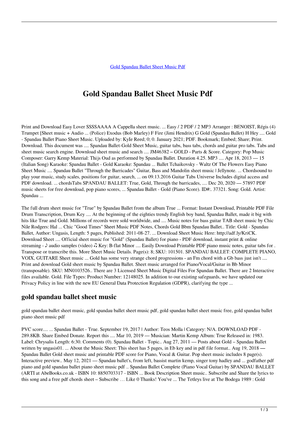 Gold Spandau Ballet Sheet Music Pdf