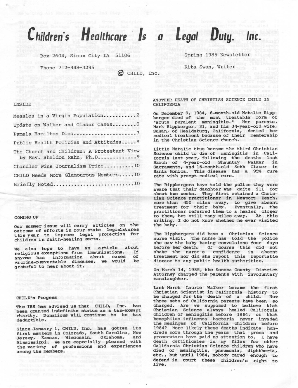 CHILD Newsletter 1985 Spring