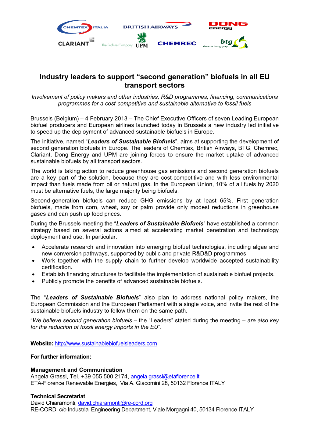 Industry Leaders to Support “Second Generation” Biofuels in All EU Transport Sectors