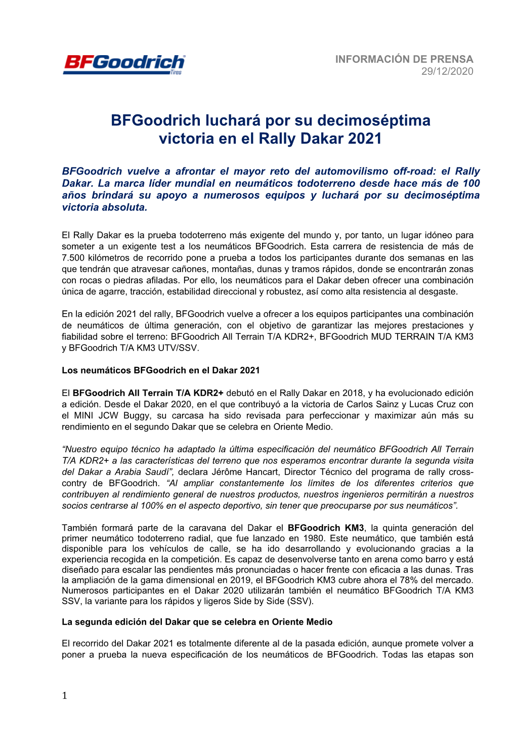 Bfgoodrich Luchará Por Su Decimoséptima Victoria En El Rally Dakar 2021