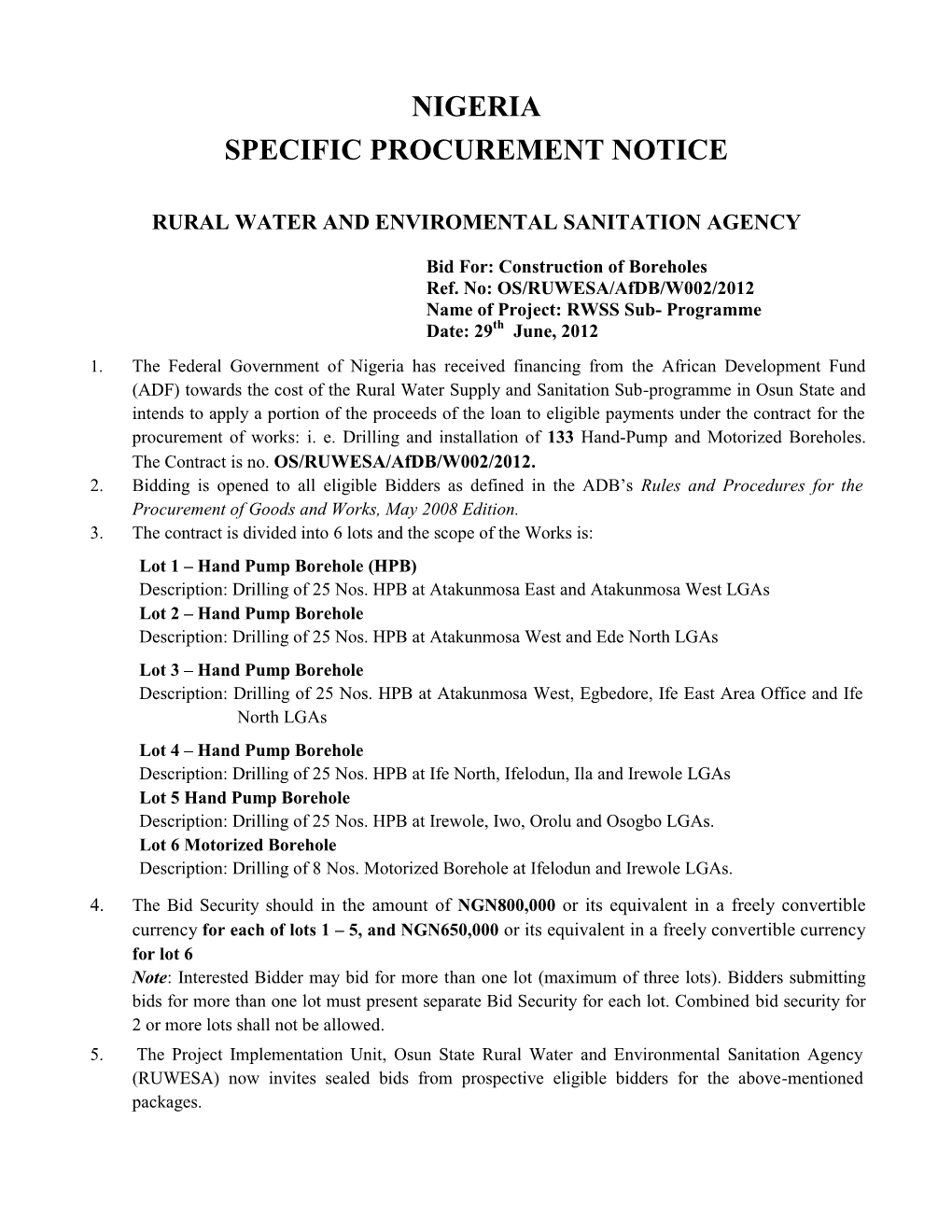 Nigeria Specific Procurement Notice