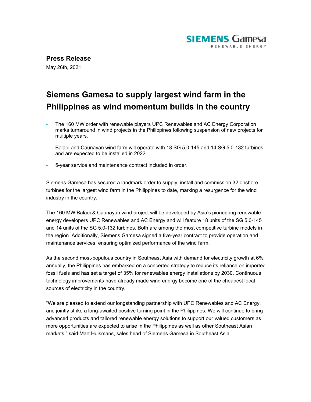 Siemens Gamesa to Supply Largest Wind Farm in the Philippines As Wind Momentum Builds in the Country