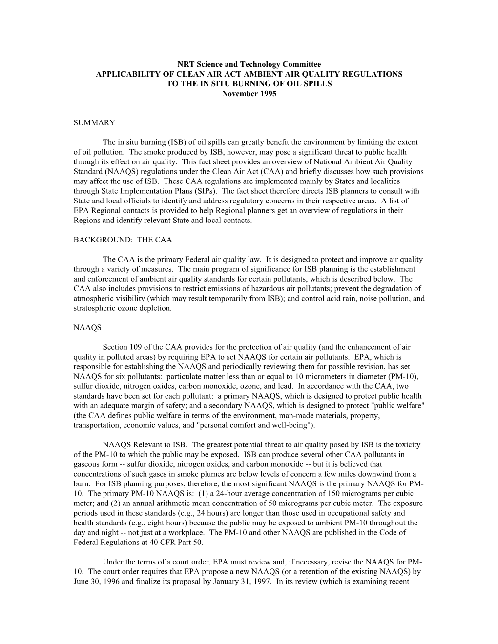 Applicability of Clean Air Act Ambient Air Quality Regulations to the In-Situ Burning of Oils