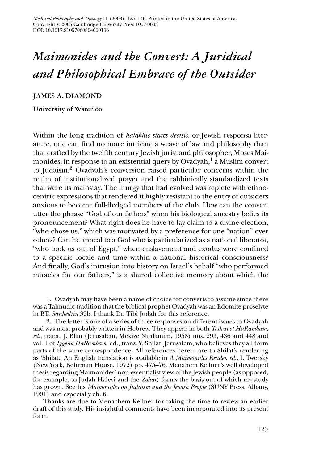Maimonides and the Convert: a Juridical and Philosophical Embrace of the Outsider