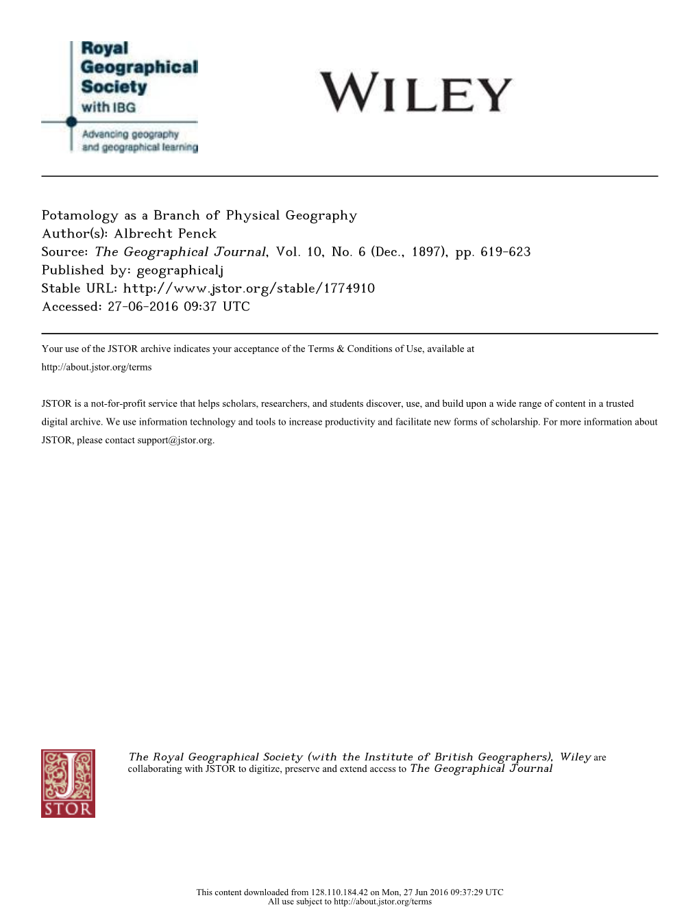 Potamology As a Branch of Physical Geography Author(S): Albrecht Penck Source: the Geographical Journal, Vol