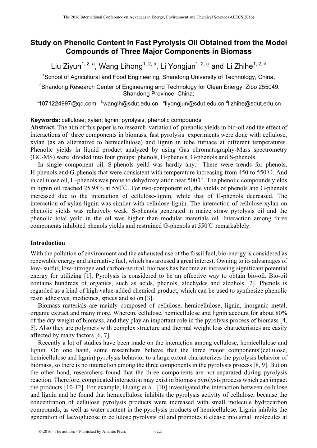 Study on Phenolic Content in Fast Pyrolysis Oil Obtained from the Model Compounds of Three Major Components in Biomass